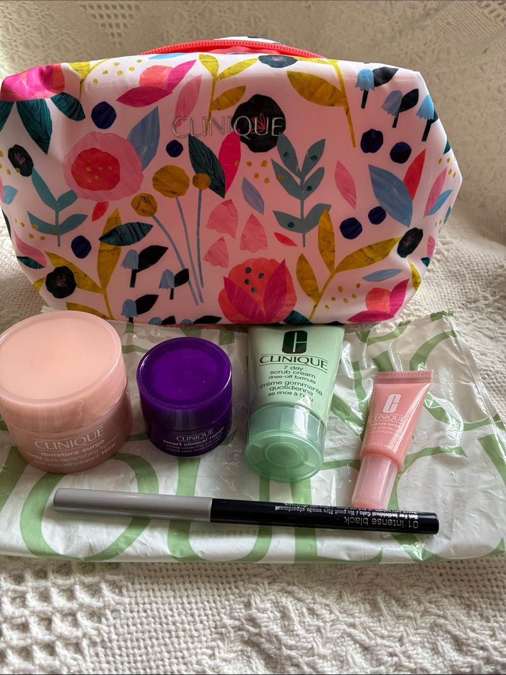 Clinique Floral Pink Multi-Color Makeup Bag with Skincare Set